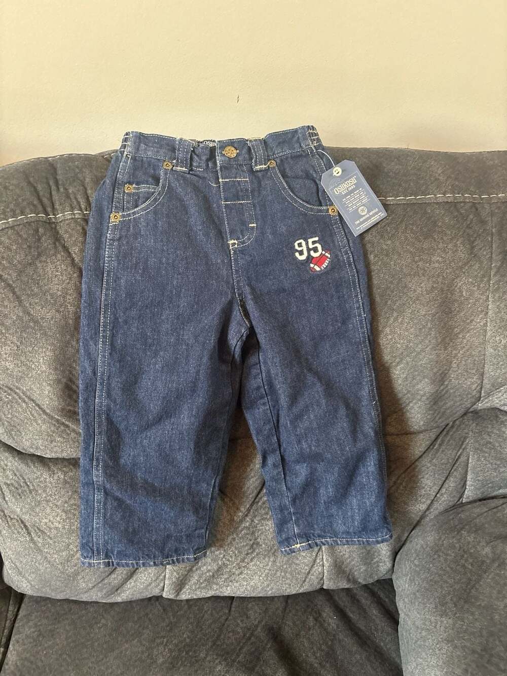 OshKosh B'gosh 24 Months Toddler Football Embroidery Flannel Lined Blue Jeans
